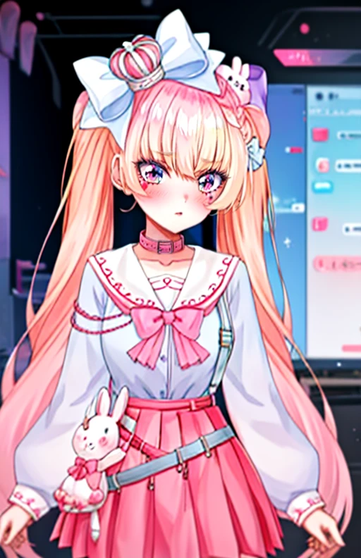 best quality, (masterpiece),(ultra-detailed), (high quality), (high resolution),  <lora:linavermillion:0.7>,lina vermillion, 1girl, solo, long hair, looking at viewer, blush, bangs, skirt, blonde hair, shirt, long sleeves, bow, twintails, very long hair, purple eyes, pink hair, braid, hair bow, heart, multicolored hair, pleated skirt, virtual youtuber, sailor collar, collar, stuffed toy, stuffed animal, crown, pink bow, pink skirt, rabbit, stuffed bunny, rabbit hair ornament, egasumi, pink sailor collar, pink collar