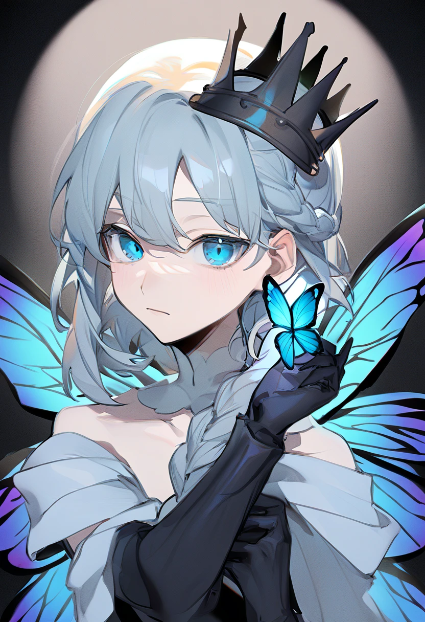best,hight,amazing,beron_\(fate\),1boy,male_focus,insect_wings,butterfly_wings,blue_eyes,solo,crown,bangs,looking_at_viewer,upper_body,bug,long_hair,braid,black_background,closed_mouth,