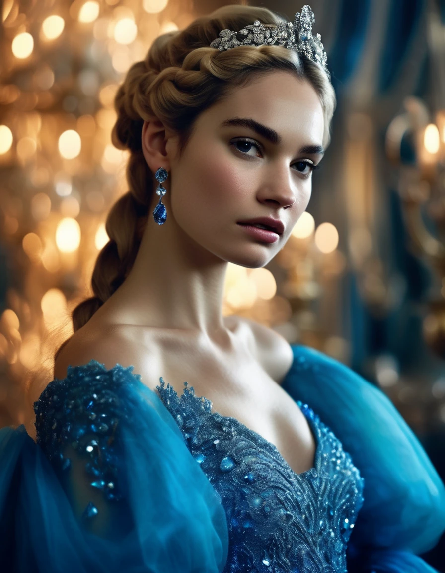 <lora:Lily James-000006:1.0>, llyjmscnd woman, dressed in a blue ball gown that appears to be made of sparkling gems, long blonde hair in a braid, in a fantasy ball room, movie still, best quality, ethereal, princess portrait, god light