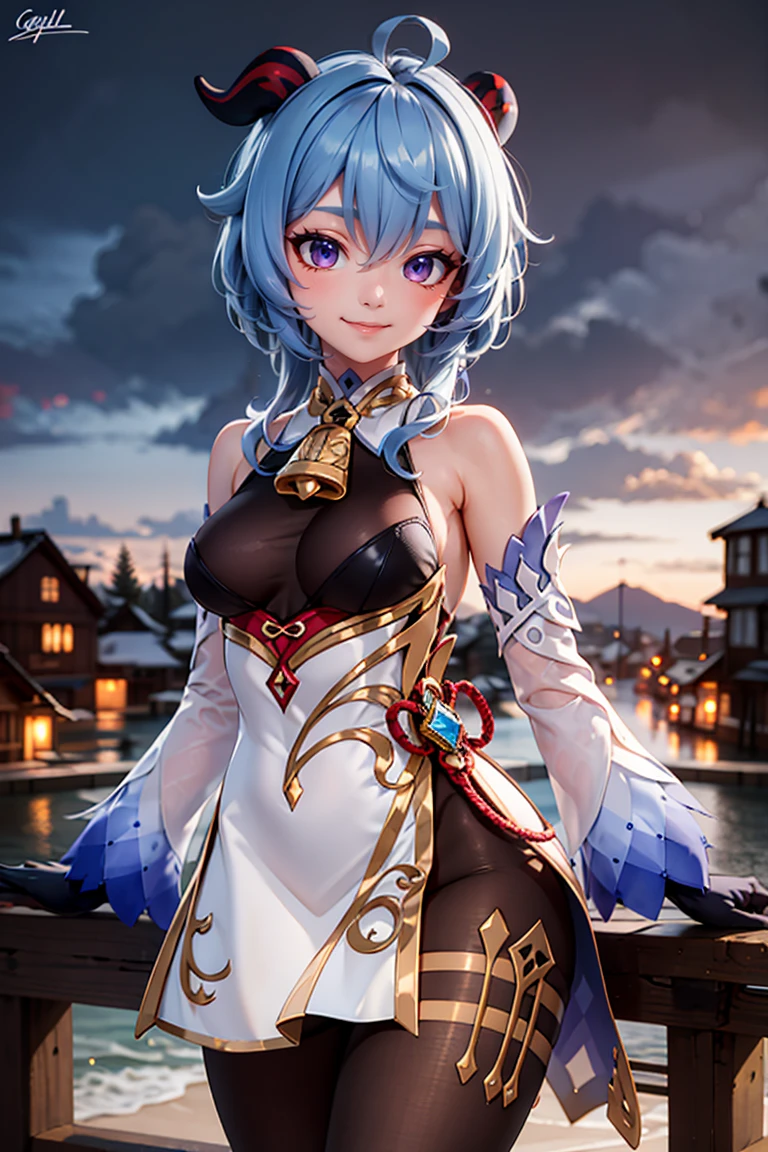 (masterpiece), <lora:Beautiful_CAT_v3:0.8>, best quality, high resolution, highly detailed, perfect lighting,  <lora:ganyu_v1:0.7>, aaganyu, long hair, low ponytail, ahoge, horns, bare shoulders, neck bell, bodystocking, white dress, gold trim, flower knot, detached sleeves, black gloves, pelvic curtain, thighlet, pantyhose, cowboy shot,  smile,