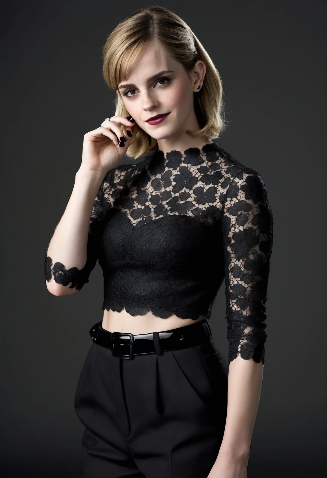 Emma watson queen, fully body, blonde hair, bangs hairstyle, pale skin, high detail, highly detailed, blank background, black fingernails on fingers, black lipstick, smirk, looking at the viewer
<lora:EmmaWatson2012&2013-000020:0.8>