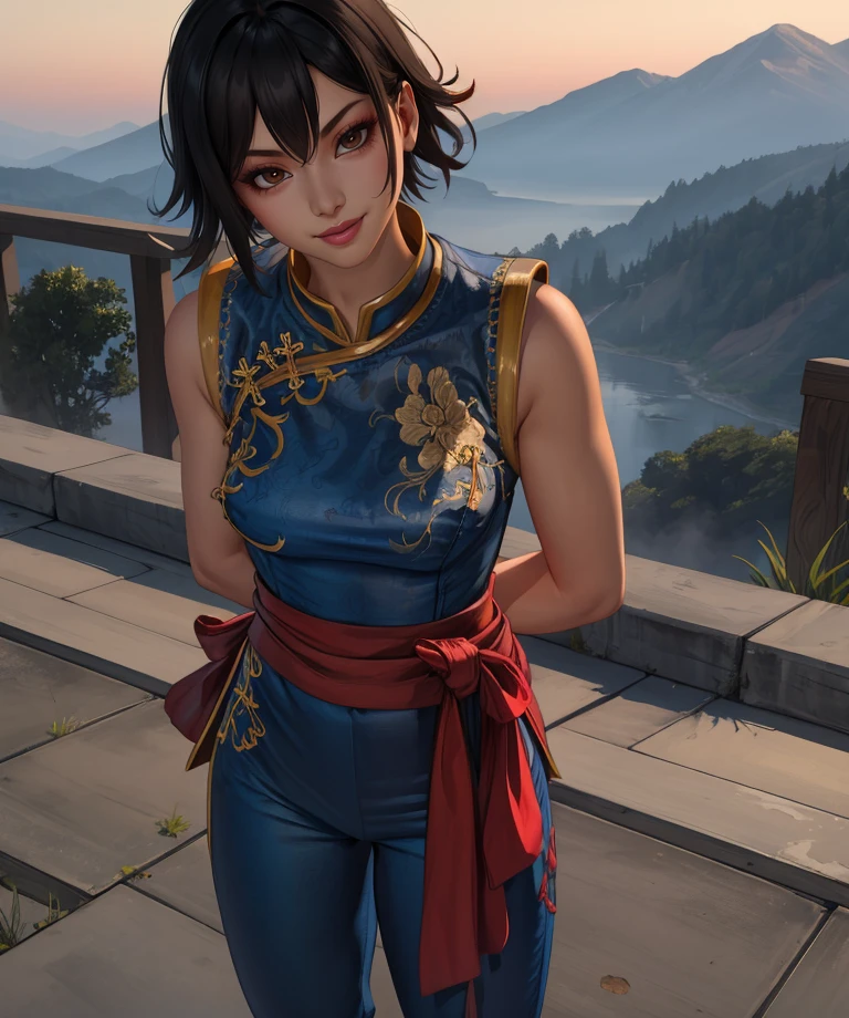 paivf,brown eyes,black hair,short hair,
standing,light smile,arms behind back,
blue Chinese clothes,sleevless,red sash, pants,
dusk,
(insanely detailed, masterpiece, best quality),solo,<lora:Pai:0.8>,
