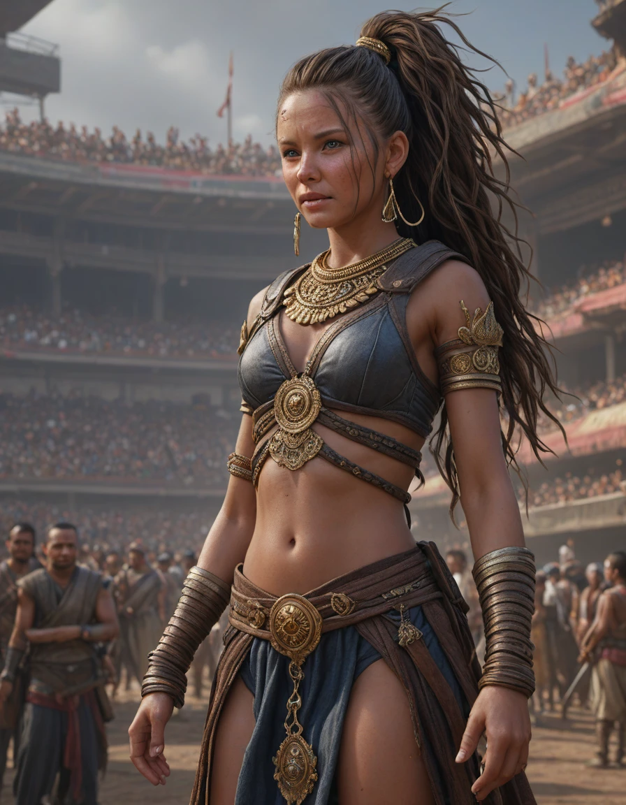 Baijanthi from Nepal, medium (chin-length:1.2) mohawk-style [honey-brown:.3] hair, sci-fi fantasy scene, Goddess's surveying defeated foes,  volumetric lighting, digital painting, highly detailed, artstation, sharp focus, illustration, concept art, ruan jia, steve mccurry, amazing composition, stadium, roaring crowd, cheering fans, sporting event, <lora:photorealistic_portrait_notrigger:0.8>