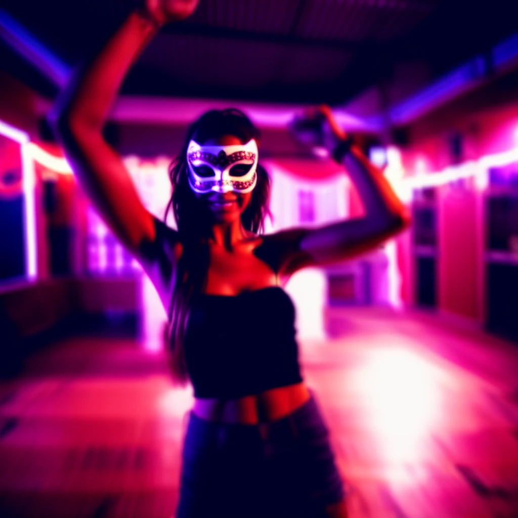 povdanc girl in dark sexy mask dance in nigcht club bokeh<lora:povdanc:1>