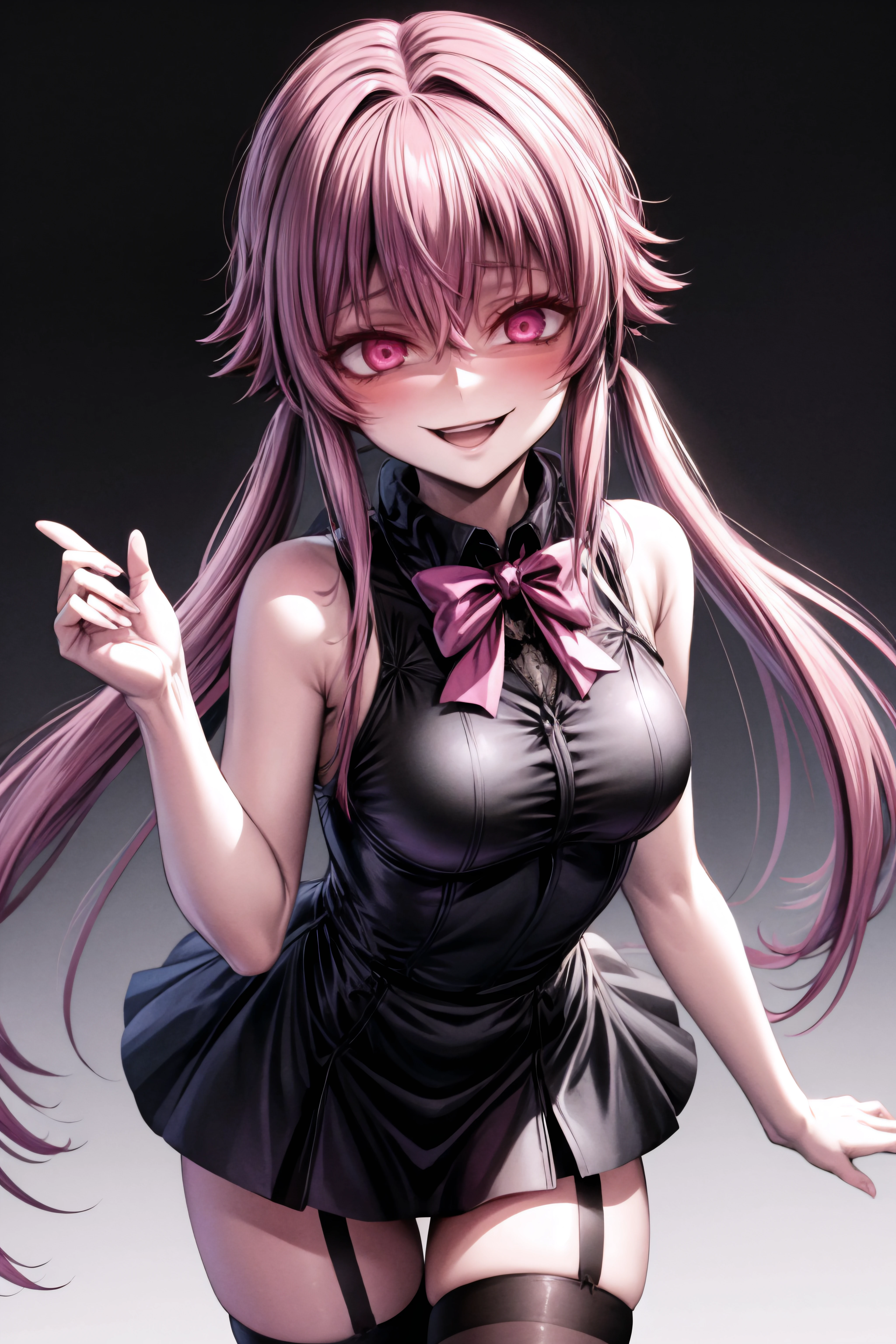 (masterpiece, best quality), <lora:yuno gasai:0.8> solo, yuno gasai, pink eyes, pink hair, long hair, black bow, hair between eyes, twintails, hair bow, medium breasts, black thigh highs, black short dress, sleeveless dress, garter straps, black knee boots, standing, <lora:edgGesugao:0.8> edgGesugao, edgGesugao facial expression, sadistic smile, evil smile
<lora:add_detail:0.8>,