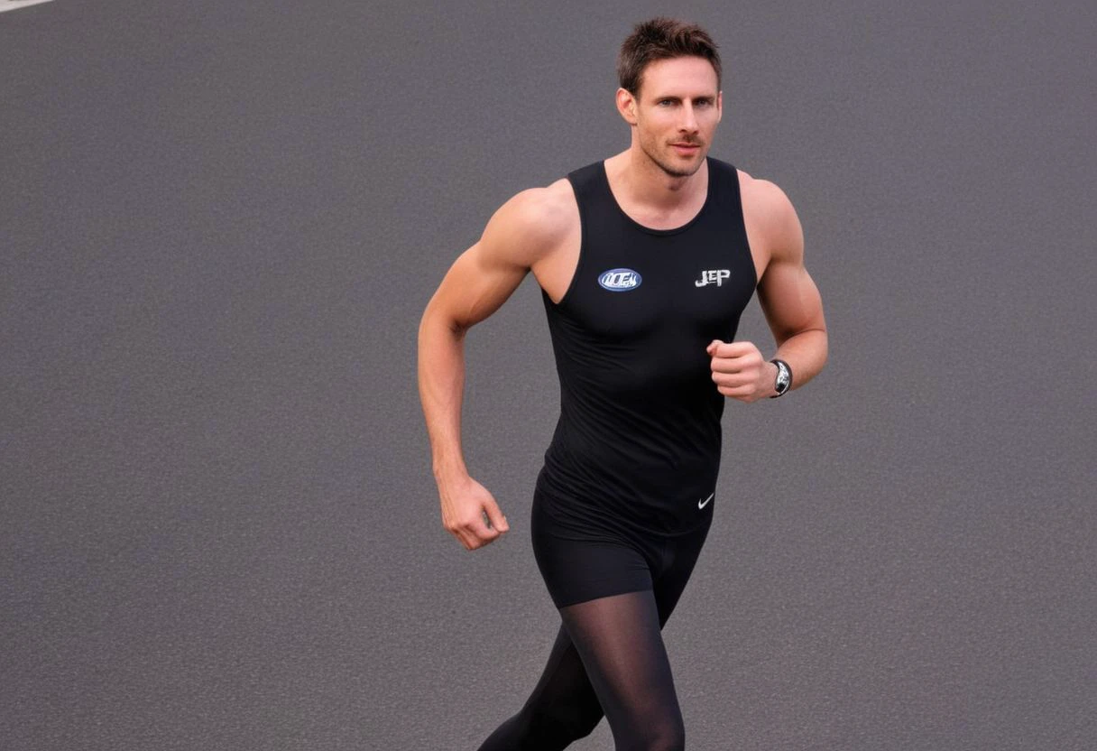 Homoerotic full body photograph of Lionel Messi a man<lora:shaun-Lionel-Messi:1>,  <lora:SMUXL:1>, smusmu, black sheer see-through tights, marathon running in street, full body, HDR, high quality, chest,