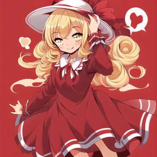 Best quality, most quality, anime style, anime girl, 1girl, solo, masterpiece, full body, smile, blush, Elly, yellow eyes, blonde hair, pink hat with a red ribbon, hat, red ribbon, dark red and pink dress, drak red dress,