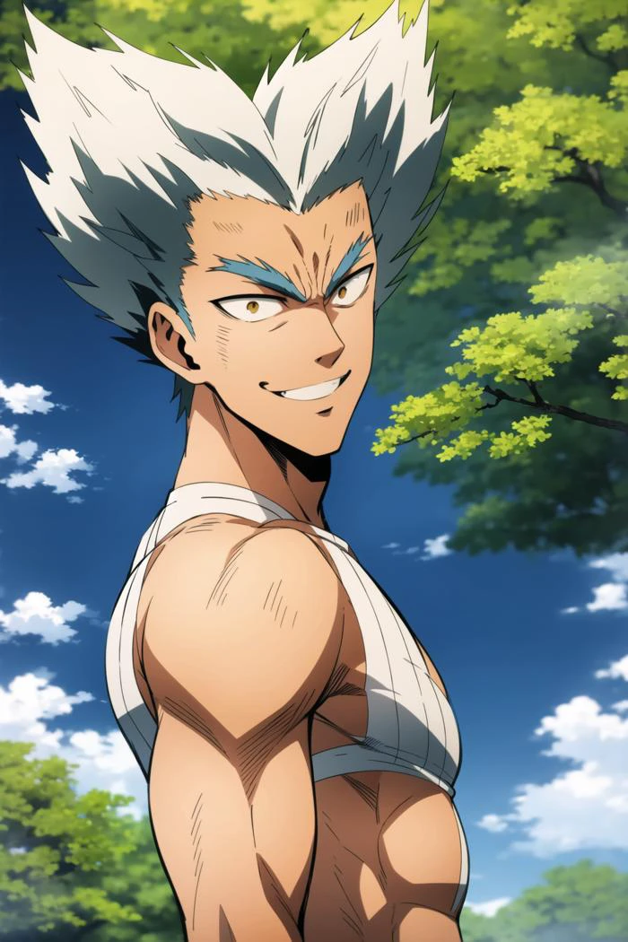 garou, anime, one punch, 1boy, upper body, male focus, solo, spiked hair, white hair, looking at viewer, sky, smile, cloud, tree, outdoors, day, <lora:Garou:0.8>