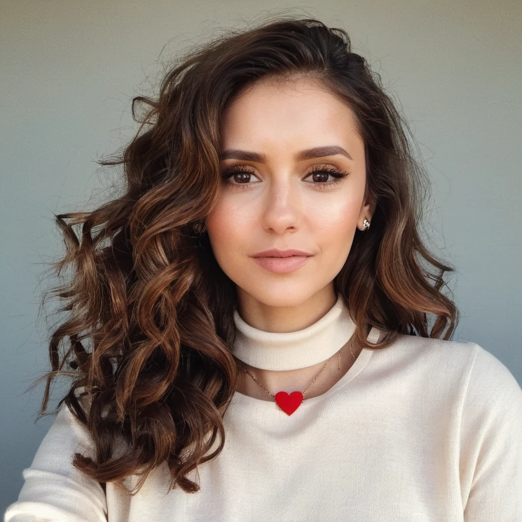 Looking straight at the camera, Film grain, skin texture, Instagram closeup selfie of a woman with beautiful wavy hair wearing a heart necklace,f/1.8,wearing a tutleneck shirt, <lora:nidobrev_xl_1_standard_wo_cap_merger_15_63_79_04_03_03:1>