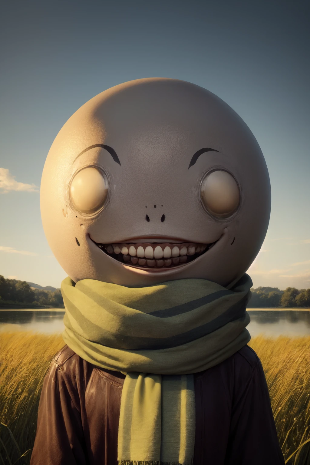 (from front, head:1.2),(outdoor, grass fields and lake:1.5),
1boy,male focus,looking at viewer, <lora:emil4-000006:0.7> (em1l, teeth, no humans, head, open mouth, 1other, smile, grin, cloak, scarf, light_grey_head:1.5),skeleton_hands,
(best quality:1.1), (masterpiece:1.4), (absurdres:1.0),highres,clean, wallpaper, ((ultra-detailed:1.5)), (best illustration),<lora:add_detail:0.5>