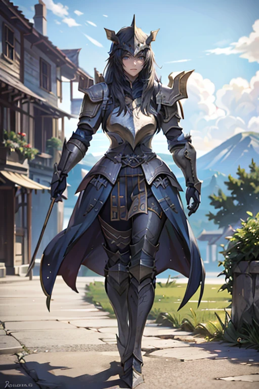 <lora:HXarmour_011b:0.9>,hxarmour,1girl,(dark blue armour:1.3),moutain,walking,
