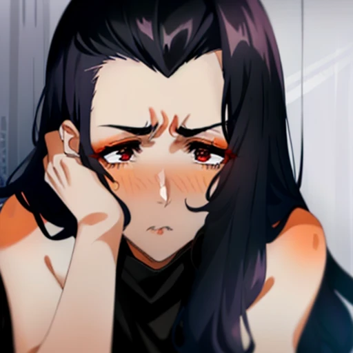 ((HOLDING GUN TO HEAD G2H)) percy, detailed eyelashes, tan, long hair, black hair, v hairline, widowspeak, widows peak, pout, red eyes, big nose, shiny skin, orange blush, orange makeup, orange lipstick, downturned eyes, forehead wrinkle, angry, angry brows, pouting, eyelashes, doe eyes, androgyny, boy, male, masculine