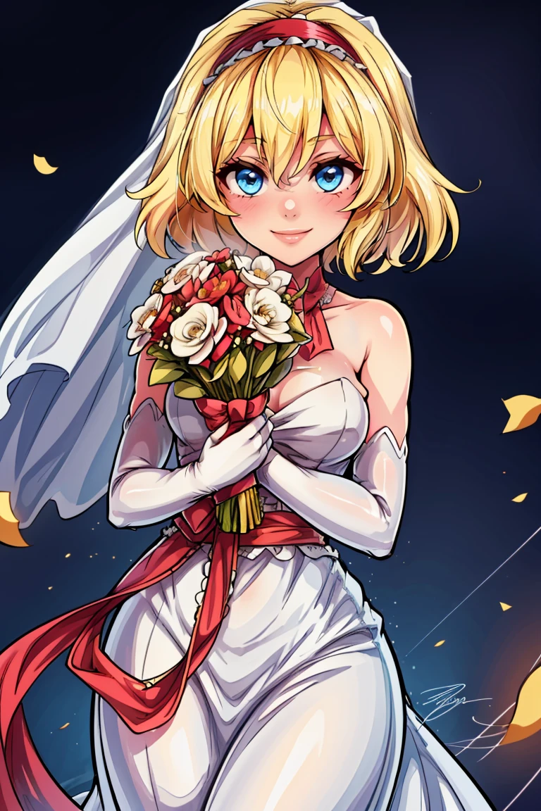 ((masterpiece,best quality)), absurdres, <lora:Alice_Margatroid_Touhou:0.8>, Alice_Margatroid_Touhou, alice margatroid, 1girl, short hair, blonde hair, solo, blue eyes, red hairband, solo, smiling, looking at viewer, cowboy shot, bride, wedding dress, bridal veil, strapless dress, elbow gloves, holding bouquet,