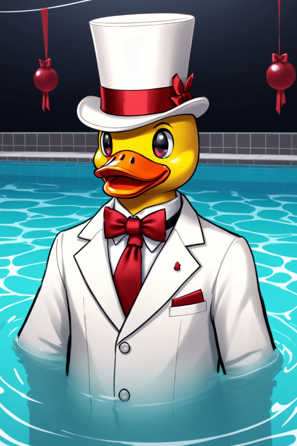 666 yellow rubber ducks in a pool, 1boy, male focus, white suit, white shirt, red tie, white top hat with red ribbon, blonde hair, red eyes, flat color, celshading, hazbin hotel, vivziepop