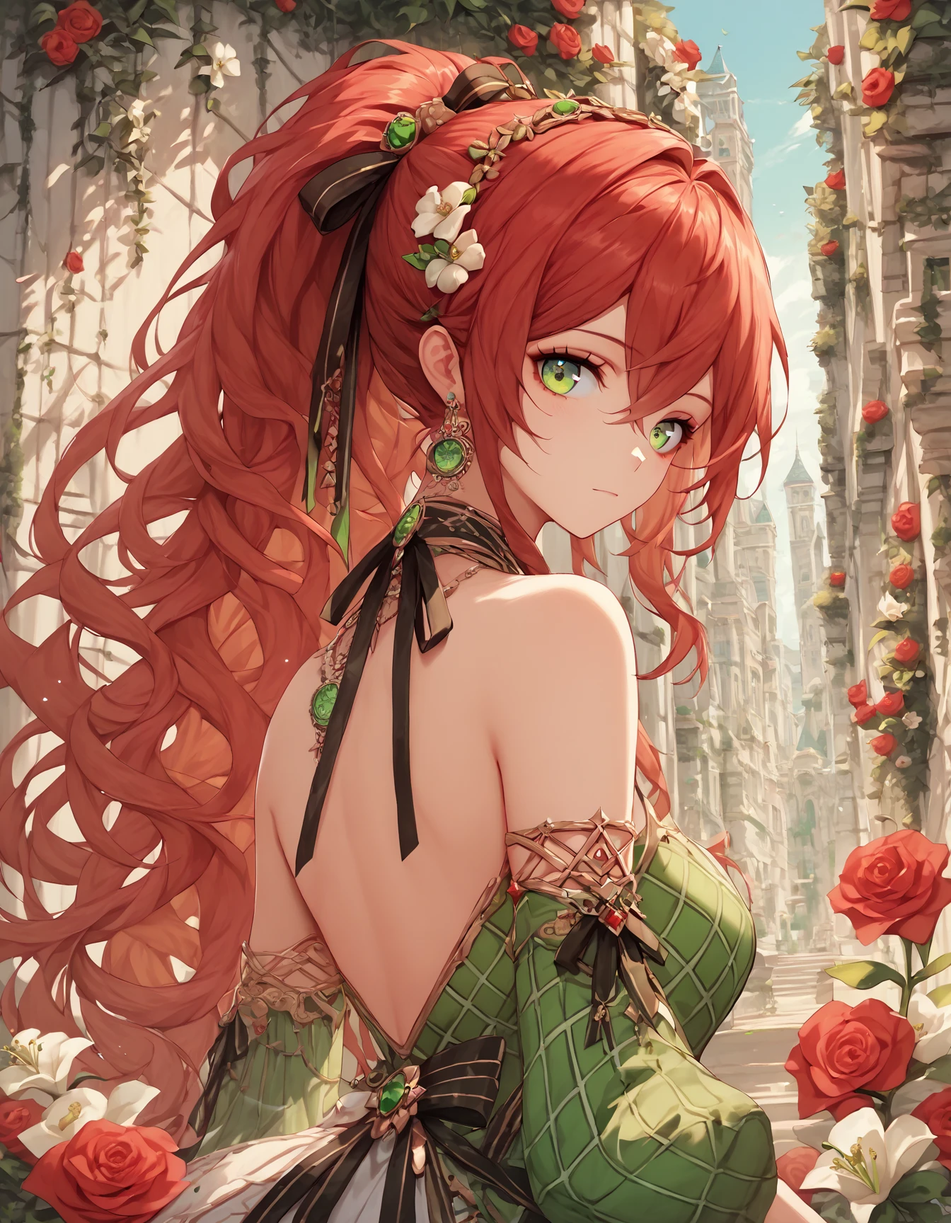 score_9, score_8_up, score_7_up, score_6_up, score_5_up, score_4_up, 1girl, solo, red hair, irish, long hair, looking at viewer, hair ornament, green eyes, dress, ribbon, hair between eyes, bare shoulders, jewelry, closed mouth, hair ribbon, upper body, ponytail, flower, sidelocks, hairband, earrings, detached sleeves, looking back, hair flower, rose, from behind, plaid dress, black ribbon, white flower, outdoors, Ireland, cottagecore, red flower, crossed bangs, four leaf clover, celtic theme