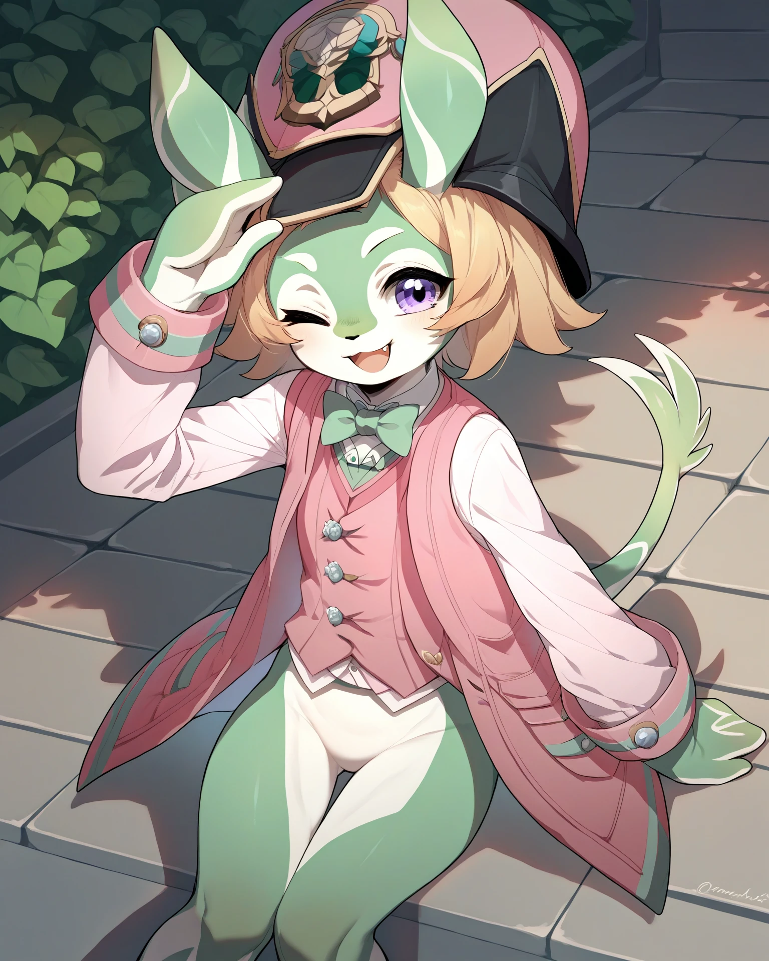 score_9, score_8_up, score_7_up, score_6_up, score_5_up, source_anime, <lora:MelusineSDXL-V1:1>, BREAK
solo, melusine, green skin, purple eyes, straight ears, thin tail, pink helmet, pink jacket, pink vest, green bow tie, wink