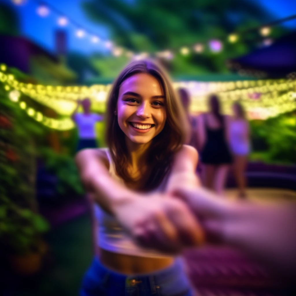 povdanc girl in garden holding hands in nigcht club bokeh background in motion<lora:povdanc:1>