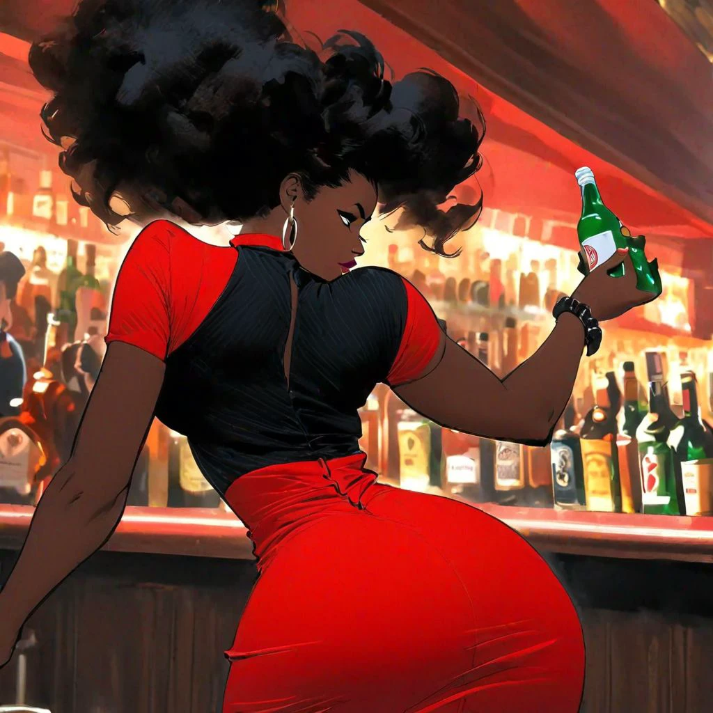 action shot, black woman in bar, holding bottle, red dress displaying shapely big ass