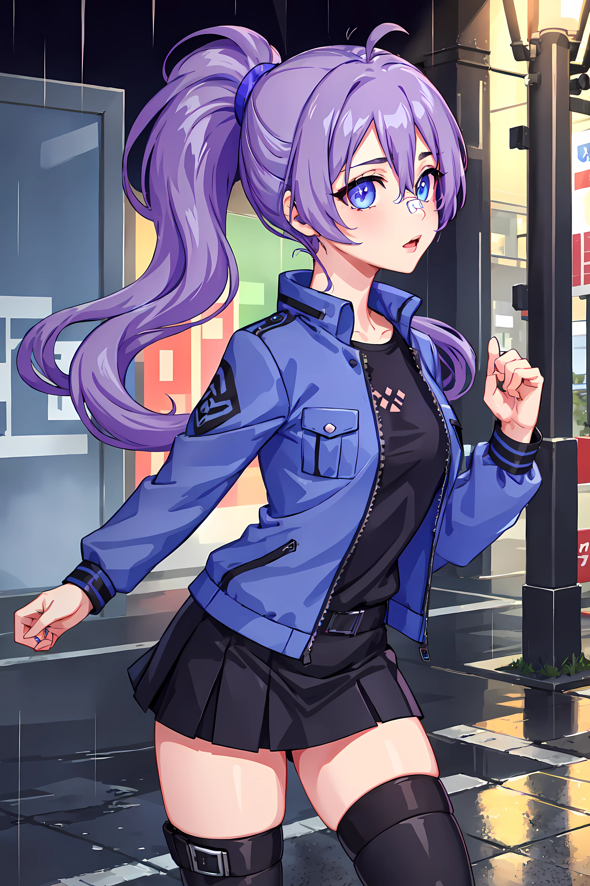 <lora:Sawyer_from_Crush_Crush:0.7> sawyer, masterpiece, best quality, 1girl, solo, purple hair, blue eyes, ponytail, bandaid on nose, night, rain, downtown, jacket, skirt, opaque tights, boots