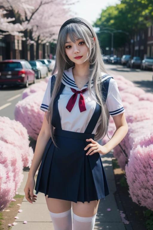 Best quality at best,tmasterpiece,Extremely Delicately Beautiful,The content is very detailed,CG,gatherings,8k wallpaper,An Astonishing,depth of fields,1 little Asian girl,cherry tree,tree lined path,7 year old child,Very cute look,Innocent,delicate skin,White hair,mid - length hair,high ponytails,There are two strands of white hair on both sides of the ears,Wear pink knot,light blue eyes,laughing very happily,Wear a school uniform,white short sleeve,dark blue short dress