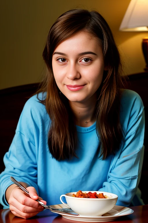 Name: Elizabeth Lyra Avery wearing modest casual outfits (not naked) with long sleeves
Age: 18
Gender: Female
Eye: light brown, doe eyes, has sectoral heterochromia in her right eye (light brown with slightly blue)
Hair: brown, 2a/open wave type, armpit length
Face: round to oval
Has dimples on her cheeks, but only can be seen when she smiles/laughs
Small chests
Personality: smart, genius, quick-witted, loud, teasy, love to talk
Love language: acts of service
Loves: people, reading books, watching movies, listening to songs, holding hands
Hates: silence
Height: 5'5