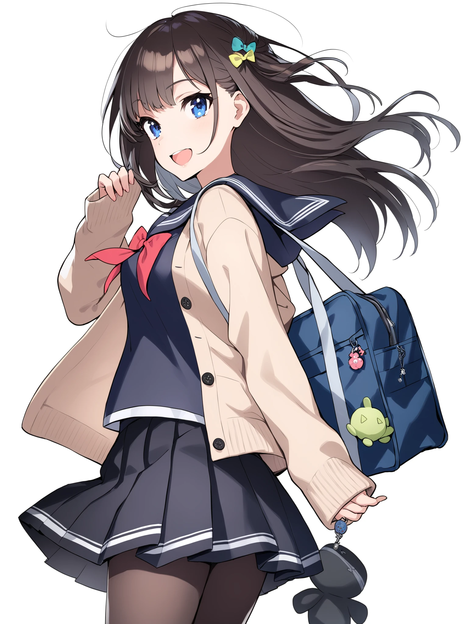 sailulu  style,1girl, solo, pantyhose, long hair, blue eyes, school uniform, bag, skirt, open mouth, black legwear, serafuku, smile, school bag, looking at viewer, bow, pleated skirt, brown hair, hair bow, stuffed toy, stuffed animal, white background, looking back, long sleeves, :d, hair ornament, sleeves past wrists, bangs, charm \(object\), simple background, bag charm, black skirt, cowboy shot, cardigan, floating hair, open clothes, shoulder bag, from side, masterpiece, best quality,