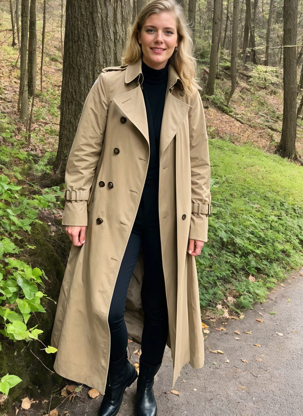 photo of sks woman, natural lighting, by Gerda Taro, Trench coat and ankle boots <lora:locon_sydneyhoffman_v1_from_v1_64_32:1>