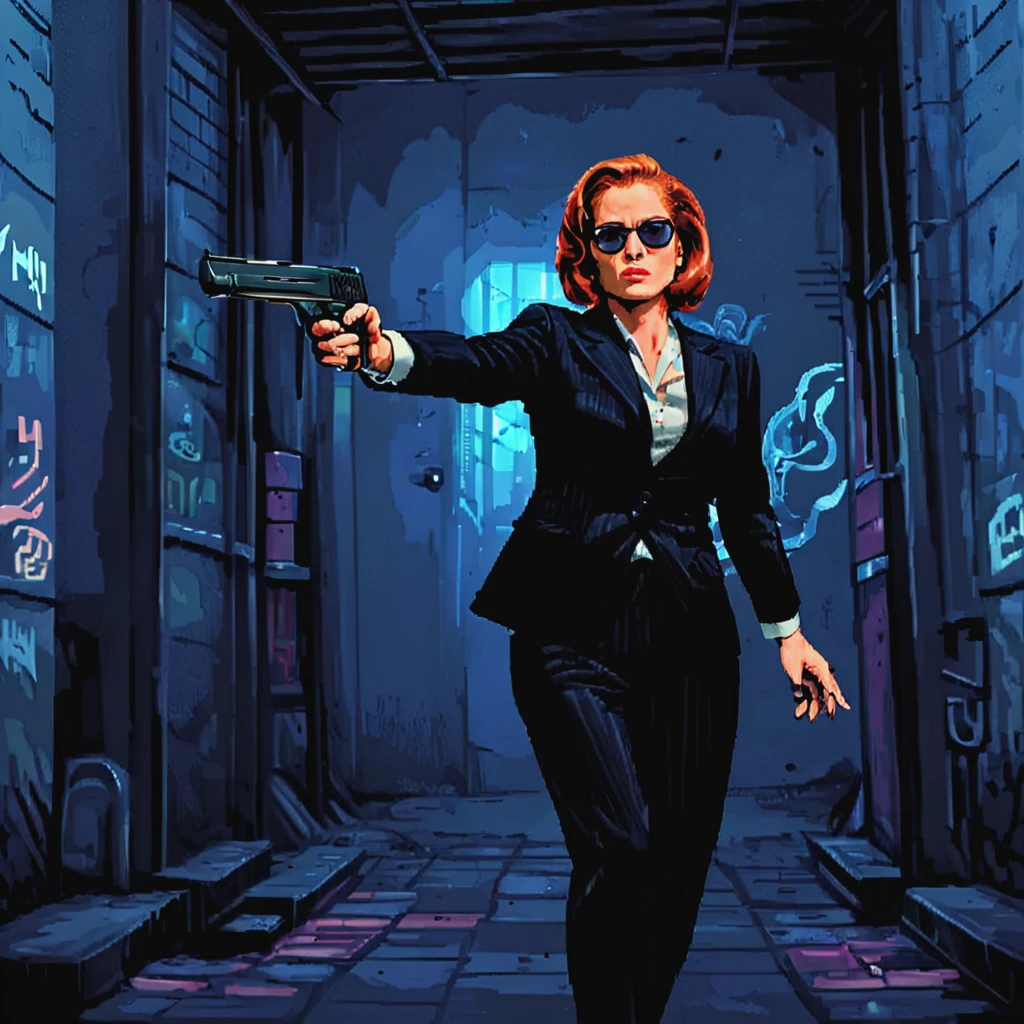 An agent holding a black desert eagle pistol in her outstretched hand, in alleyway, innsmouth, eldritch horror, horror_(theme), woman, solo, black suit, deagle, masterpiece, FBI, ID badge, agentscully, 25 years old, movie poster, sunglasses,    ((pulp_comic, heavy_lines, hand_drawn, hand_inked, hand_colored, perfect_face, apxlz))