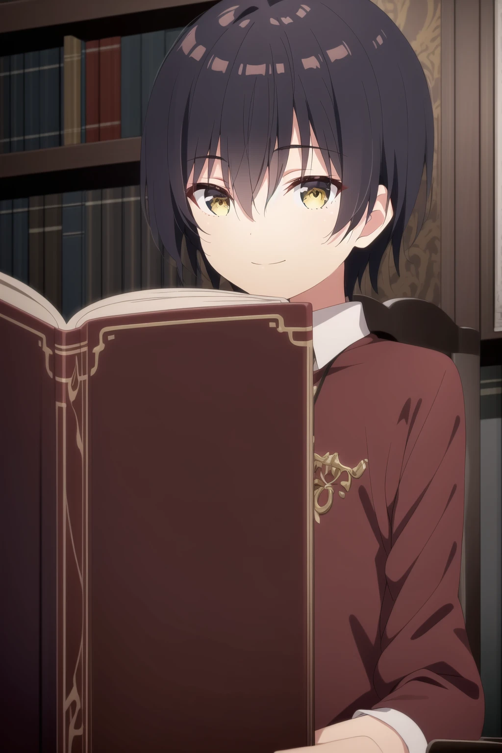 1Boy, solo, looking at viewer, smile, short hair, bangs, black hair, holding, hair between eyes, brown eyes, closed mouth, yellow eyes, male focus, indoors, book, chair, portrait, holding book, bookshelf