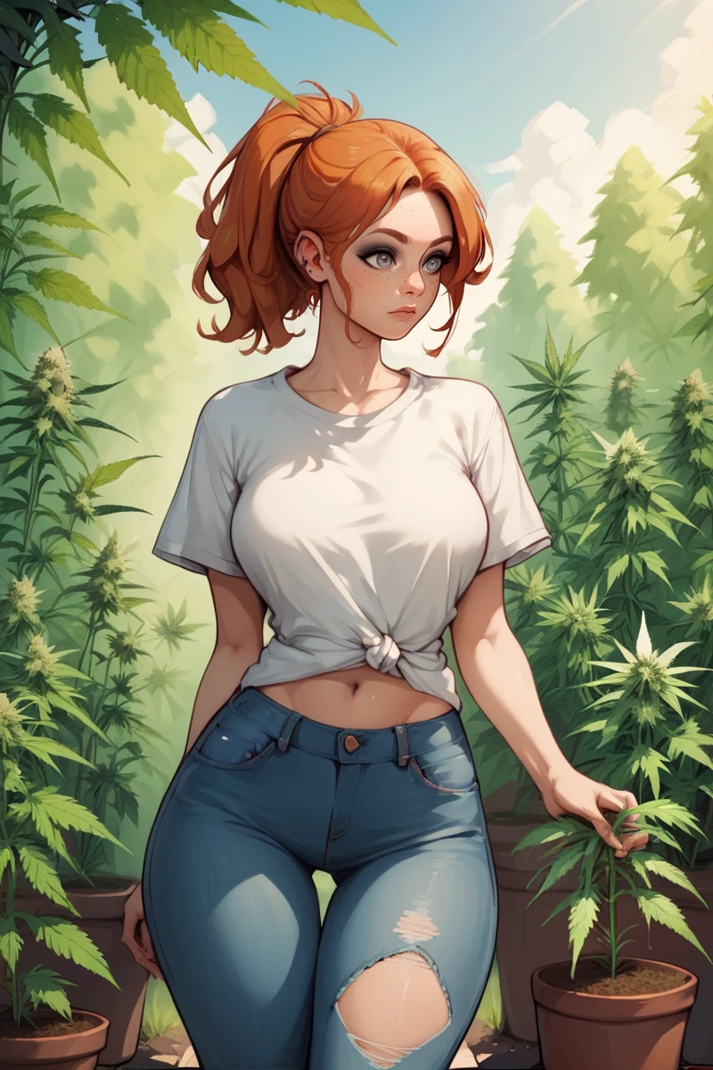 score_9. score_8_up, score_7_up, score_6_up, score_5_up, score_4_up, woman, jeans, shirt, marijuana, marijuana plants, ginger hair, curvy, thigh thighs, gardening, outside, ponytail, <lora:marijuana:0.6>