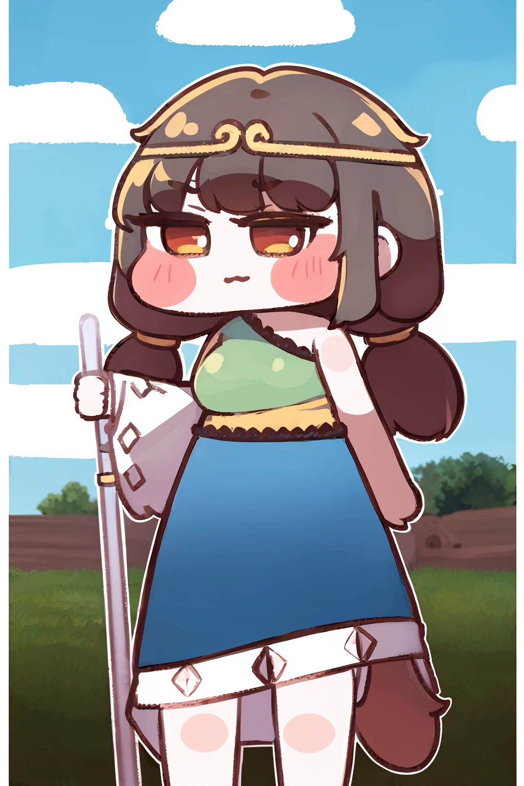 masterpiece, best quality,  <lora:SonBiten:1>, <lora:Trickcal Revive2_0.99:1>,chibi,
1girl,circlet, brown hair,low twintails,long hair,brown eyes,bare shoulders,single sleeve,sleeveless shirt,blue skirt,jewelry,monkey tail,
staff, holding staff,