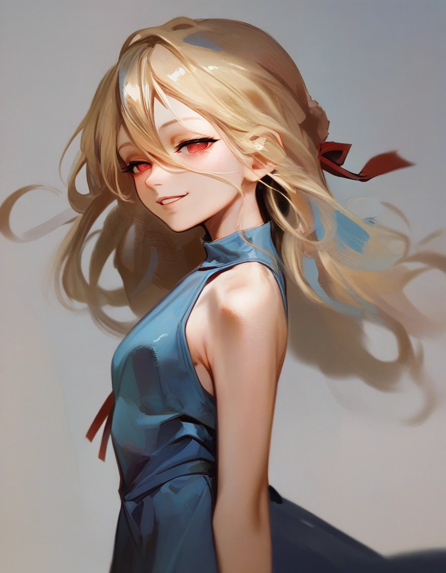 score_9,score_8_up,score_7_up, a girl standing, smile, long blue dress, from side, looking at viewer, blonde hair, half-closed eyes, hair between eyes, red ribbon, red eyes,
<lora:sweetonedollar_style_xl_v3:1.2>