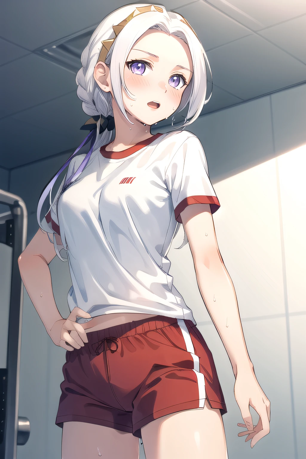 (masterpiece:1.2), best quality, high resolution, unity 8k wallpaper, (illustration), extremely detailed face, perfect lighting, extremely detailed CG, 1girl, solo, <lora:Edelgard:0.8>, purple eyes, forehead, white hair, long hair, hair ornament, ribbon, looking at viewer, simple background, frontal view:1.2, collarbone, open mouth, blush, sweat, (full white shirt:1.2), short sleeves, t-shirt, gym uniform, red bloomer, shorts, cowboy shot