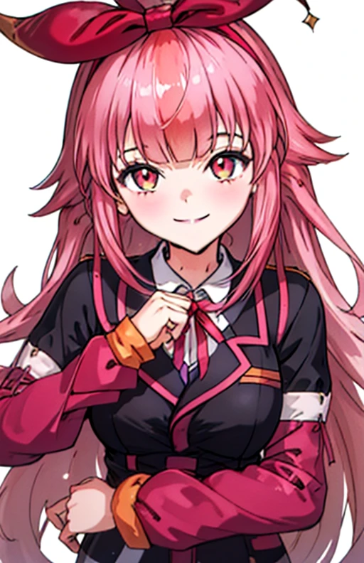 best quality, (masterpiece),(ultra-detailed), (high quality), (high resolution), <lora:MERCHI:0.7>,MERCHI, 1girl, solo, long hair, breasts, smile, bangs, large breasts, long sleeves, bow, ribbon, jacket, pink hair, hair bow, hairband, virtual youtuber, red ribbon, black jacket, neck ribbon, transparent background, facing viewer