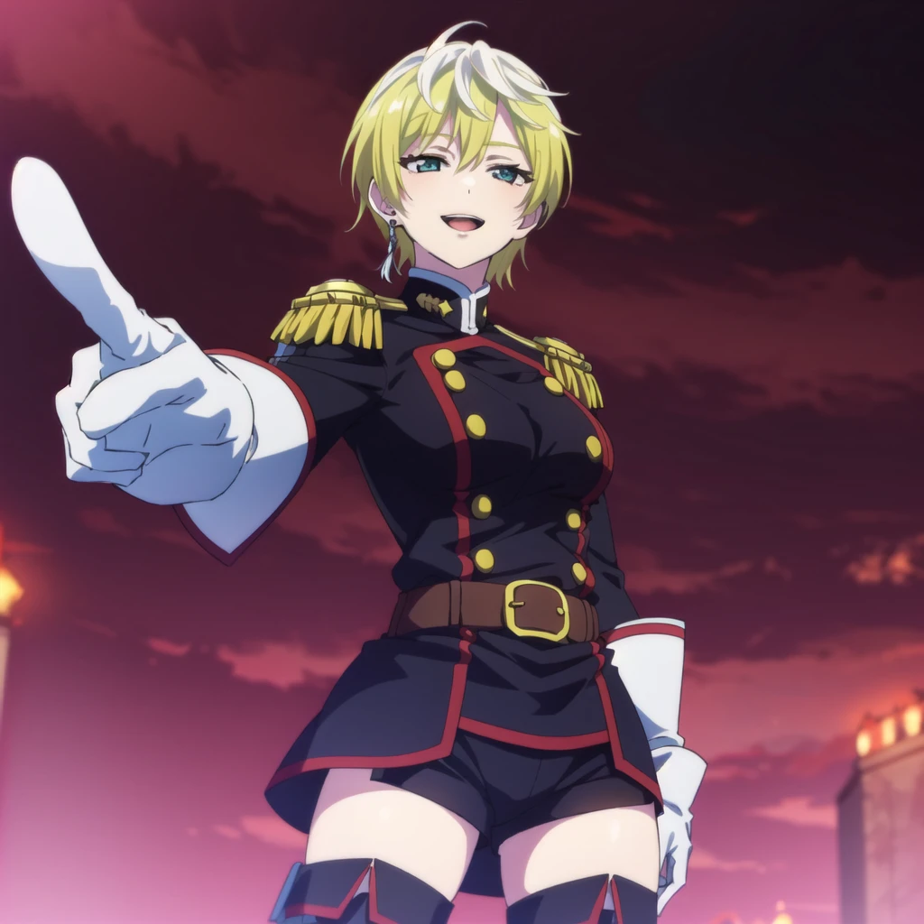 <lora:tenka-15 (1):0.75> tenka, 1girl, solo, looking at viewer, smile, open mouth, thighhighs, gloves, jewelry, earrings, shorts, belt, white gloves, uniform, military, military uniform, black shorts, pointing, epaulettes