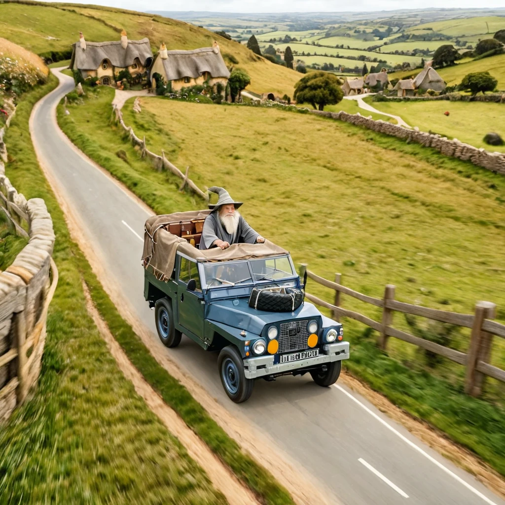 Gandalf is driving lghtwght land rover with a flat bed down a country lane to hobbiton, wizard, 1man, solo, driving, movie, lord of the rings, side_view, from_above,