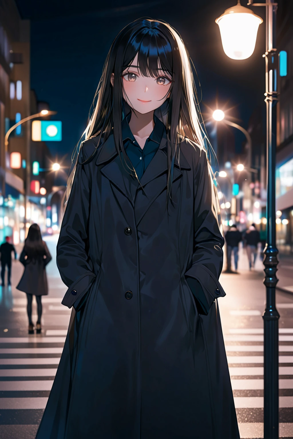 1girl, solo, teen, cowboy shot, (depth of field:1.2), (night), (long coat), downtown, (street light:1.1), (Fantastic lighting), looking at viewer, black hair, long hair, [smile], (Closed mouth), 
best quality, newest, absurdres