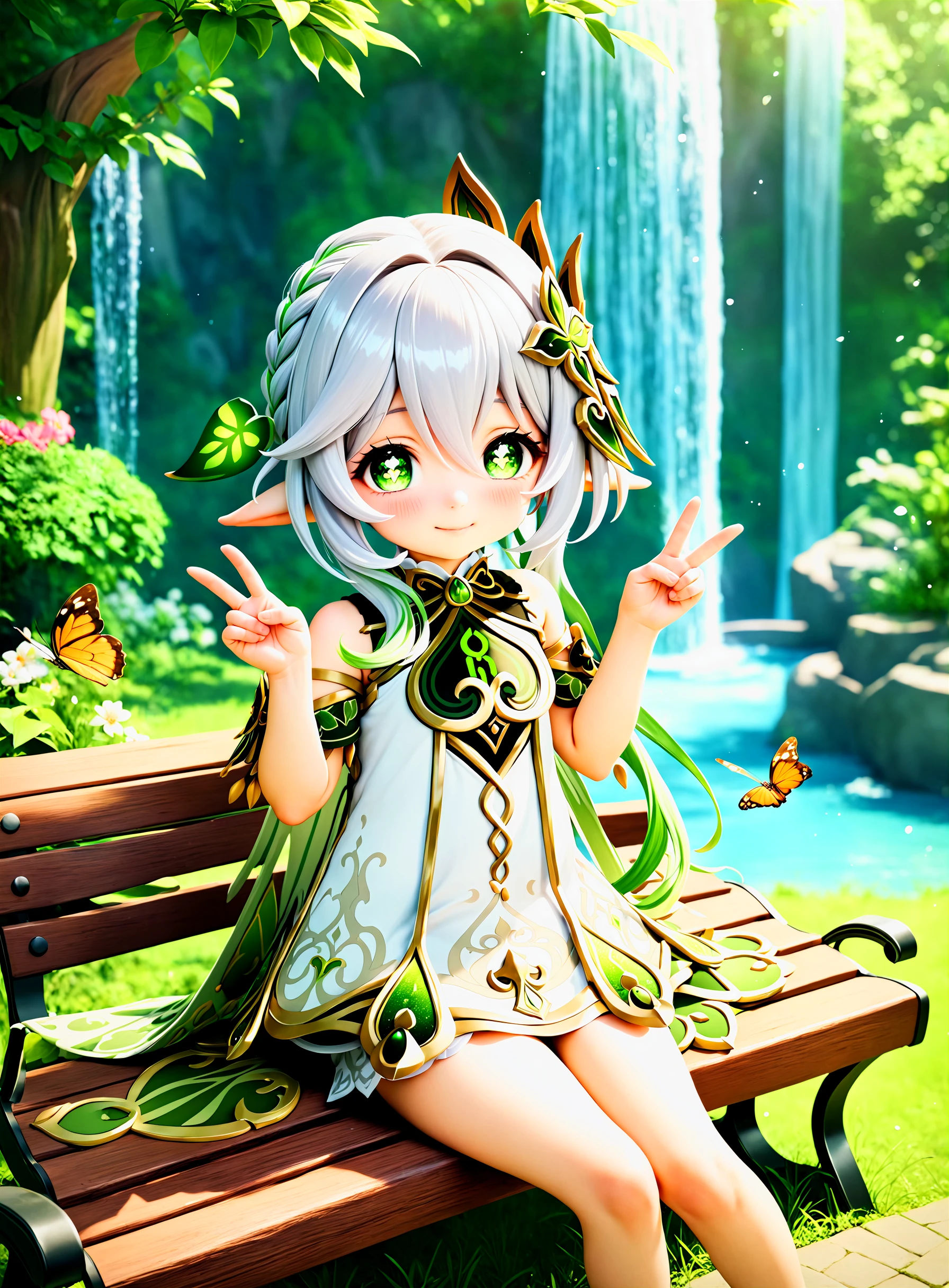 1girl, nahida \(genshin impact\), genshin impact, upper body, smile, blush, sitting, bench, park, flower, butterfly, day, waterfall, looking at viewer, double v, masterpiece, best quality,