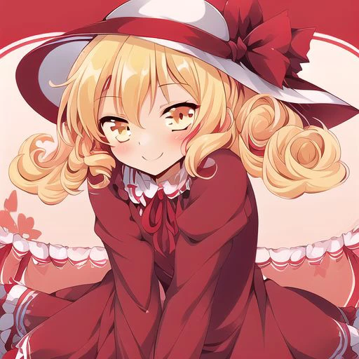 Best quality, most quality, anime style, anime girl, 1girl, solo, masterpiece, full body, smile, blush, Elly, yellow eyes, blonde hair, pink hat with a red ribbon, hat, red ribbon, dark red and pink dress, drak red dress,