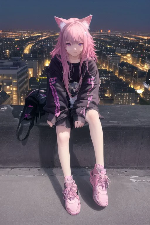 LoFi Aesthetic, (masterpiece, best quality, ultra-detailed, highres, ultra realistic), 1girl, city, animal ears, cat ears, (detailed face, detailed eyes) cityscape, shoes, pink hair, long hair, jacket, sitting, city lights, sneakers, smile, night, neon lights, short hair, white footwear, blue hair, outdoors, close up