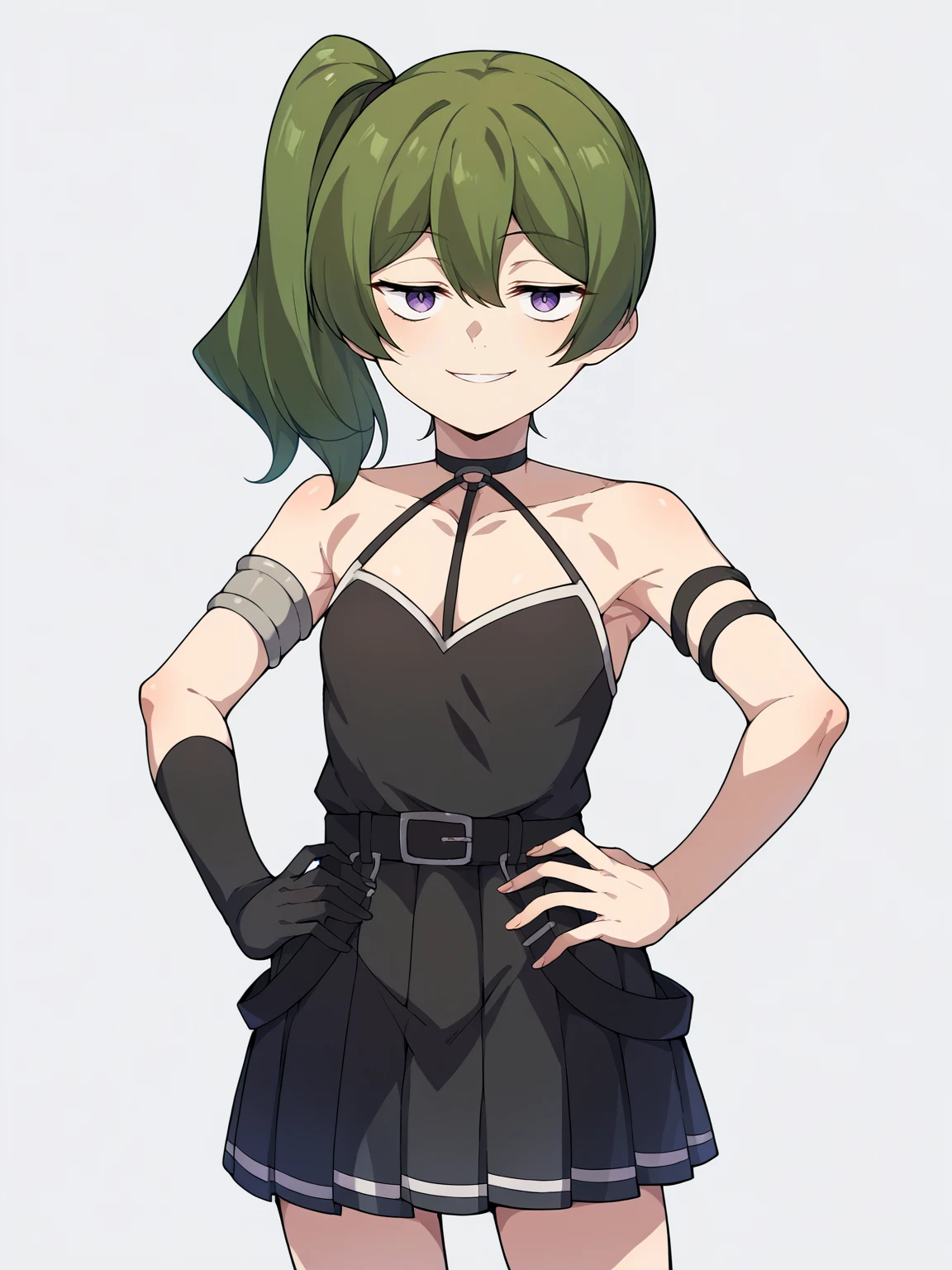 score_9, score_8_up, score_7_up, score_6_up, score_5_up, score_4_up, BREAK, source_cartoon, source_anime,
1girl, ubel, green hair, side ponytail,  purple eyes, chocker, bare shoulders, black dress,  arm strap, armlet, black dress, pleated skirt, single glove,
hands on hips, standing, smile, looking at viewer, solo, simple background, white background    <lora:UbelXL:1>