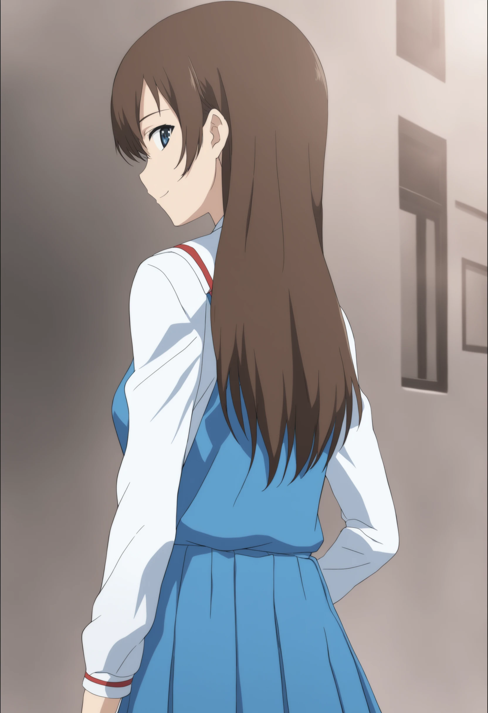 1girl, <lora:hiromiXLv1:0.7>,yuasa hiromi,true tears,brown hair, blue eyes,long hair,
solo, school uniform, dress, long sleeves, pinafore dress, white shirt, blue dress, collared shirt,pleated skirt,
from behind, portrait, looking back, archaic smile, university, closed mouth,
medium quality,