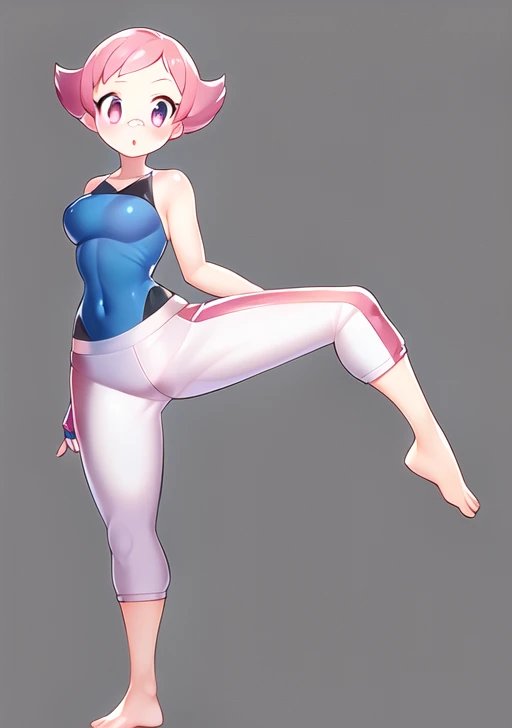 <lora:Maylene:0.7>,maylene, 1girl, breasts, looking at viewer, blush, short hair, simple background, gloves, white background, standing, full body, pink hair, barefoot, pants, fingerless gloves, pink eyes, :o, feet, eyelashes, pokemon (creature), covered navel, toes, leg up, standing on one leg, bandaid, fighting stance, bandaid on face, blue gloves, bandaid on nose, bandaid on arm