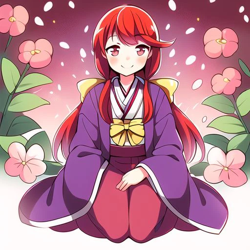 Best quality, most quality, anime style, anime girl, 1girl, solo, masterpiece, full body, smile, blush, Kotohime, 1girl, red hair, red eyes, purple kimono, long sleeves, wide sleeves, red flower markings, flower print, yellow bow,