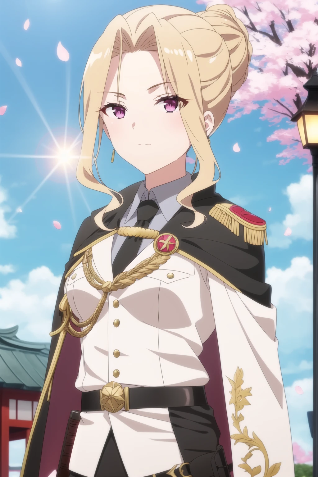 1girl, solo, breasts, looking at viewer, bangs, skirt, blonde hair, shirt, gloves, long sleeves, jewelry, medium breasts, closed mouth, standing, close-up, purple eyes, jacket, weapon, sidelocks, earrings, outdoors, necktie, sky, day, belt, sword, cloud, white gloves, pink eyes, hair bun, cape, uniform, tree, blue sky, parted bangs, military, military uniform, buttons, hair intakes, formal, single hair bun, cherry blossoms, sheath, black necktie, cloak, lens flare, epaulettes, sheathed, chinese text, black cape, white cape, lamppost, aiguillette, simplified chinese text
