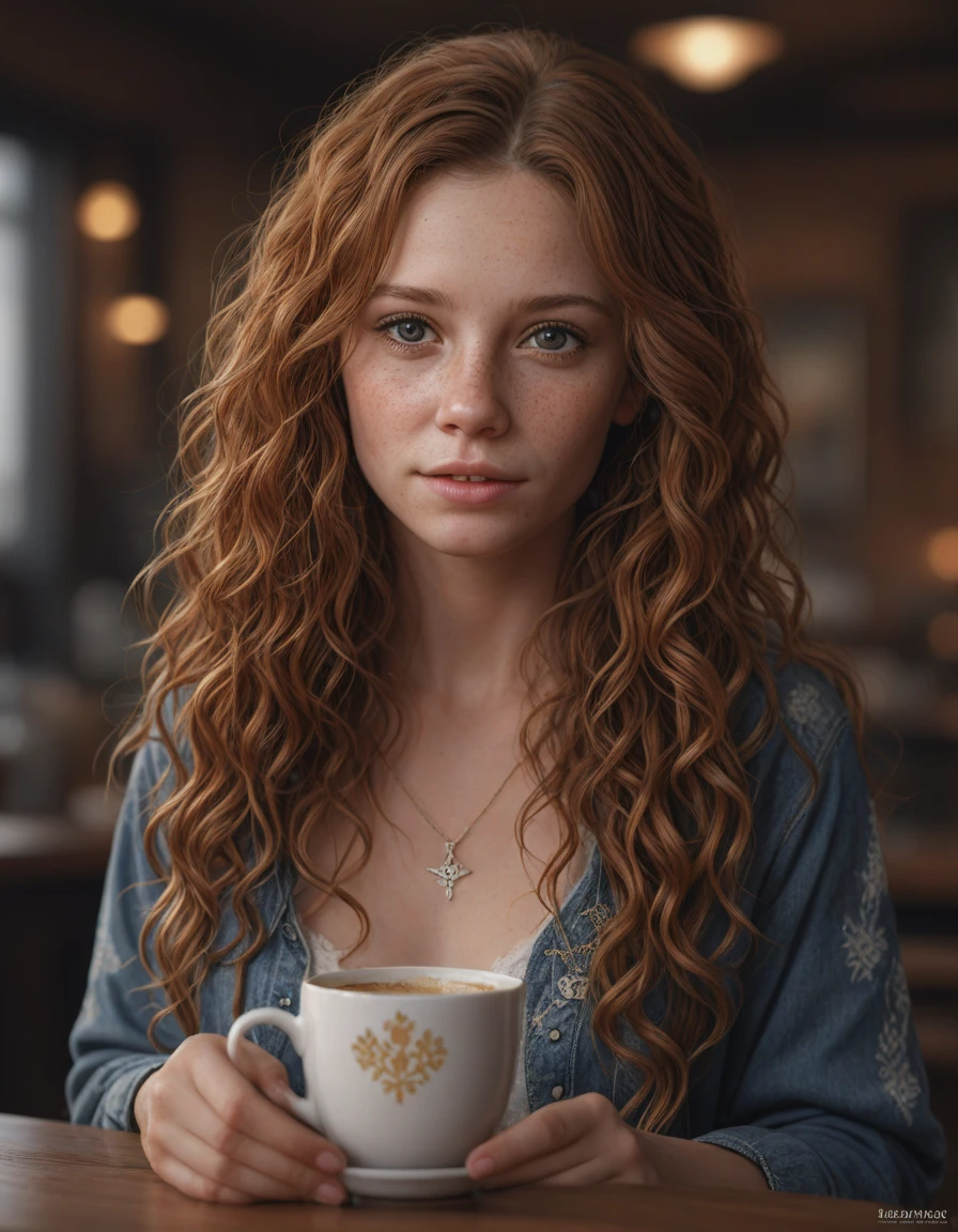 Ewelina from Poland, long curly auburn hair, portrait of a beautiful celestial goddess, unusual beauty, esoteric, other worldly colors, head in focus, fantasy art, ornamental aesthetics intricate, elegant, highly detailed, hyperrealistic painting, artstation, concept art, painterly, sharp focus, illustration, art by lois royo, post-apocalyptic coffee shop, empty tables, broken espresso machine, remnants of caffeine culture, <lora:photorealistic_portrait_notrigger:0.8>