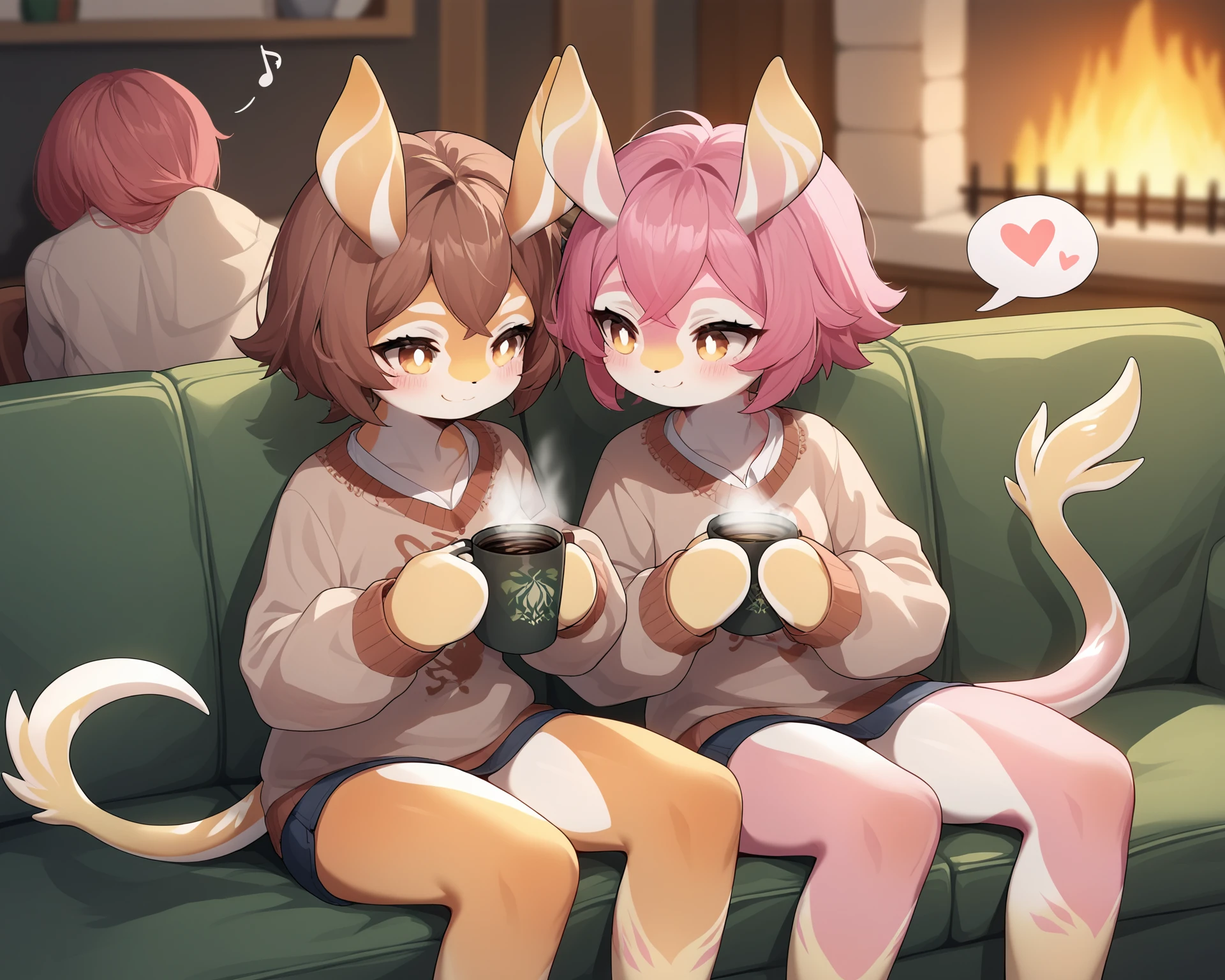 a pair of (furry) kids (they're cousins) enjoying some delicious hot chocolate by the fire after a long, chilly winter day. Wearing holiday sweaters too small for them, but at least they've got plenty of chub and hot cocoa in those big fat bellies to help keep them nice and warm