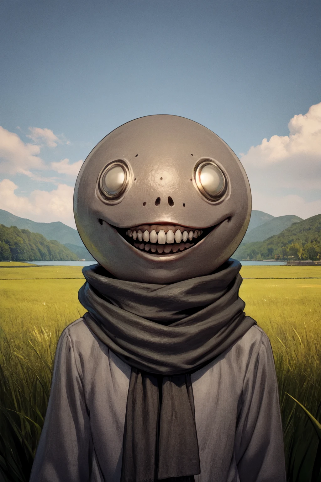 (from side, head:1.2),(outdoor, grass fields and lake:1.5),
1boy,male focus,looking at viewer, <lora:emil4-000006:0.7> (em1l, teeth, no humans, head, open mouth, 1other, smile, grin, cloak, scarf, light_grey_head:1.5),skeleton_hands,
(best quality:1.1), (masterpiece:1.4), (absurdres:1.0),highres,clean, wallpaper, ((ultra-detailed:1.5)), (best illustration),<lora:add_detail:0.5>