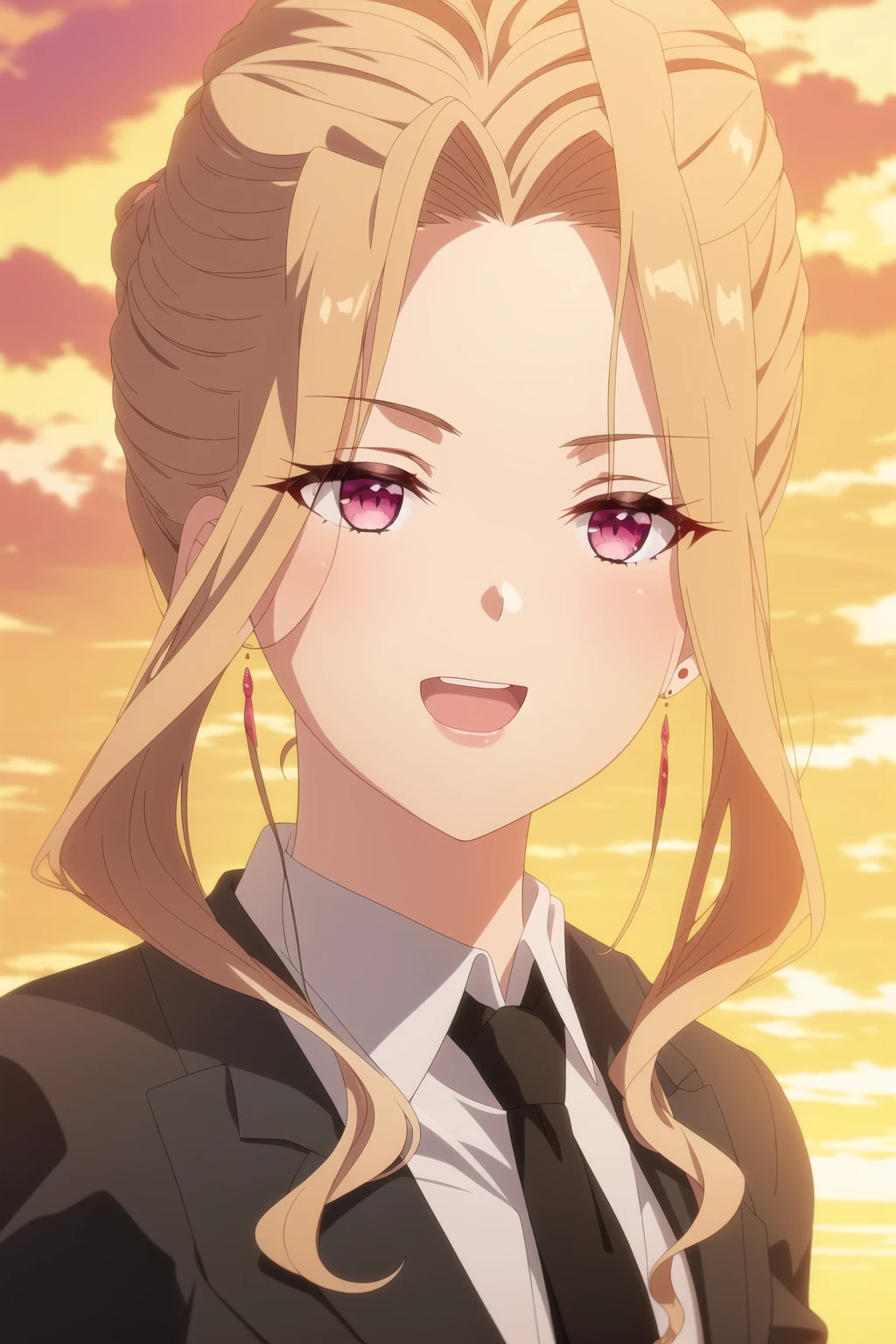 1girl, solo, long hair, looking at viewer, smile, open mouth, blonde hair, shirt, red eyes, jewelry, purple eyes, jacket, upper body, sidelocks, earrings, outdoors, necktie, sky, collared shirt, cloud, pink eyes, formal, suit, portrait, black necktie, sunset, twilight