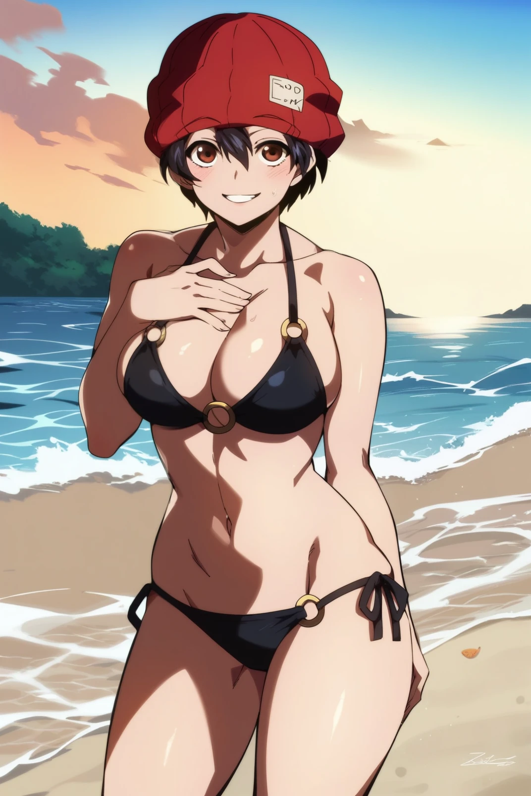 score_4, score_5, score_6, score_9, score_8_up, score_7_up, fuukoxl, black hair, short hair, brown eyes, red beanie, large breasts, o-ring bikini, hand own chest, seductive smile, beach, ocean, waves, sand, outdoors, summer, looking at viewer, cowboy shot, <lora:izumo_fuuko-10:1>